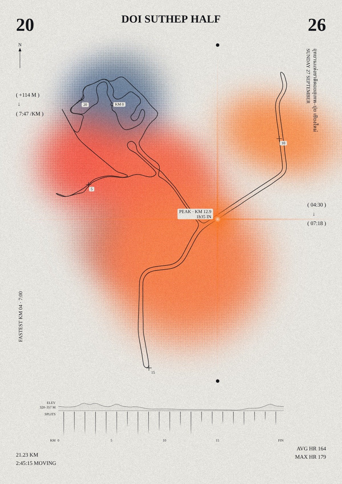 Sample Ranmade poster in the light tone: a half marathon route over halftone colour blobs, with a flare at the peak heart rate and a kilometre band along the bottom