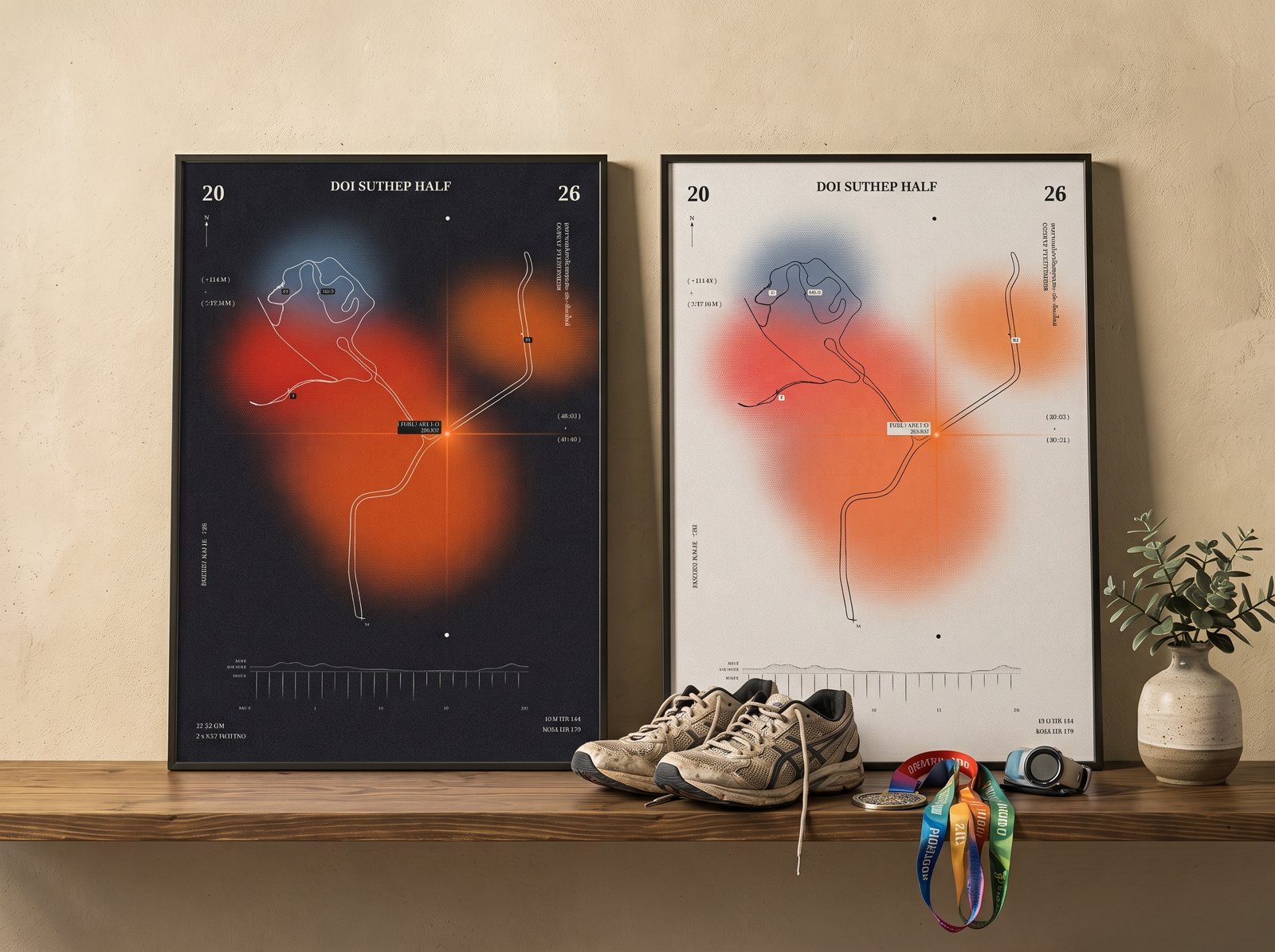 Mockup: dark-tone and light-tone A3 posters in frames, leaning against a wall on a wooden shelf beside running shoes, a medal and a watch