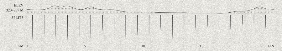 Bottom of the poster: a halftone elevation profile above the kilometre band, one vertical line per km from km 0 to the finish