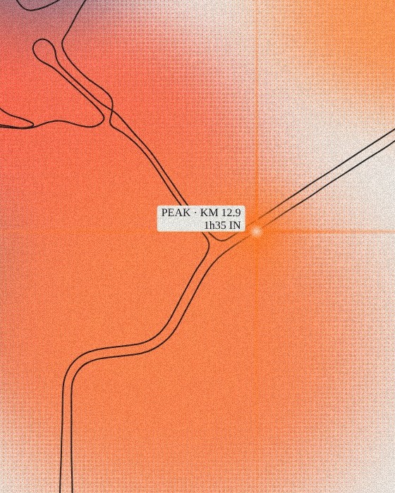 Close-up of the poster: halftone dots, the route line and the crosshair flare labelled Peak, km 12.9, 1h35 in